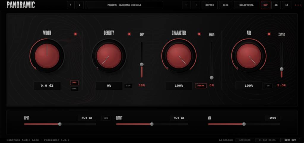 Panoramic stereo field mastering plugin interface for width, density, character, air, and mono-compatible stereo processing. Panoramic stereo field mastering plugin interface for width, density, character, air, and mono-compatible stereo processing.